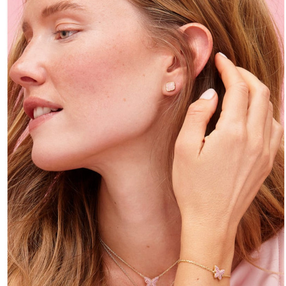 NWT! Kendra Scott Mallory Gold Stud Earrings in Rose Quartz - Picture 3 of 5
